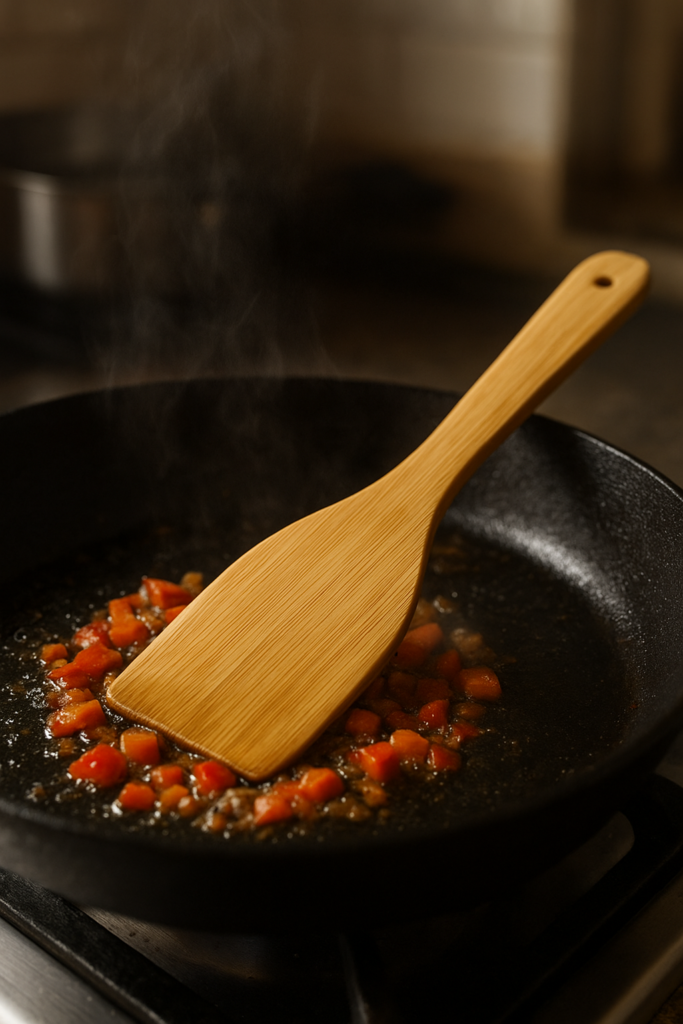 bamboo spatula in skillet